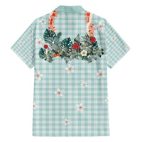 Turquoise Hawaiian Palaka Family Matching Off The Shoulder Long Sleeve Dress and Hawaiian Shirt Kukui Nut Money Lei - Polynesian Pride