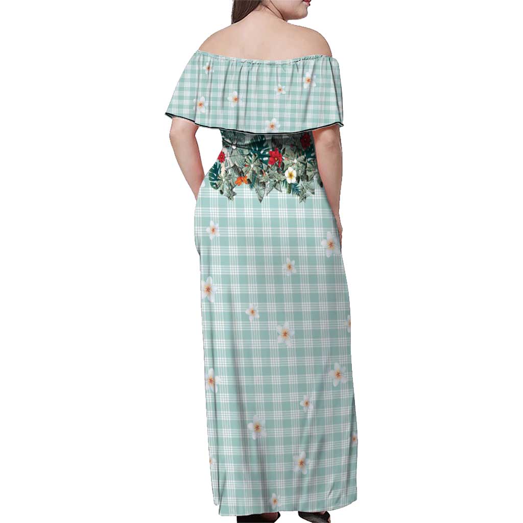 Turquoise Hawaiian Palaka Family Matching Off Shoulder Maxi Dress and Hawaiian Shirt Kukui Nut Money Lei - Polynesian Pride