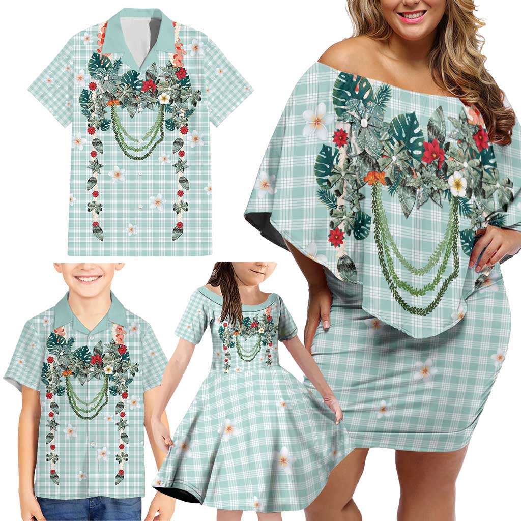 Turquoise Hawaiian Palaka Family Matching Off Shoulder Short Dress and Hawaiian Shirt Kukui Nut Money Lei - Polynesian Pride
