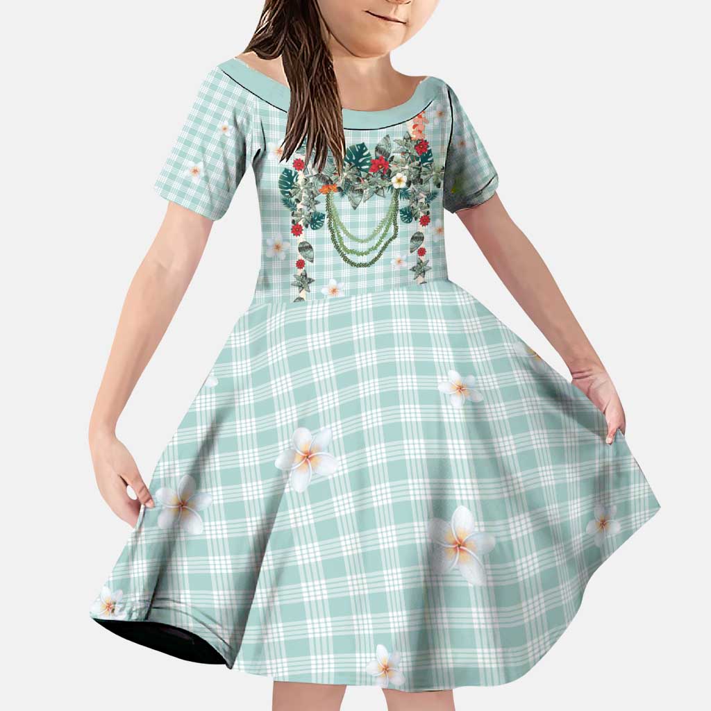 Turquoise Hawaiian Palaka Family Matching Puletasi and Hawaiian Shirt Kukui Nut Money Lei LT9 Daughter's Dress Turquoise - Polynesian Pride