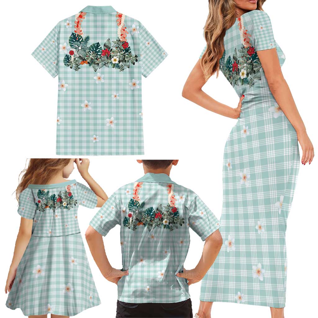 Turquoise Hawaiian Palaka Family Matching Short Sleeve Bodycon Dress and Hawaiian Shirt Kukui Nut Money Lei - Polynesian Pride