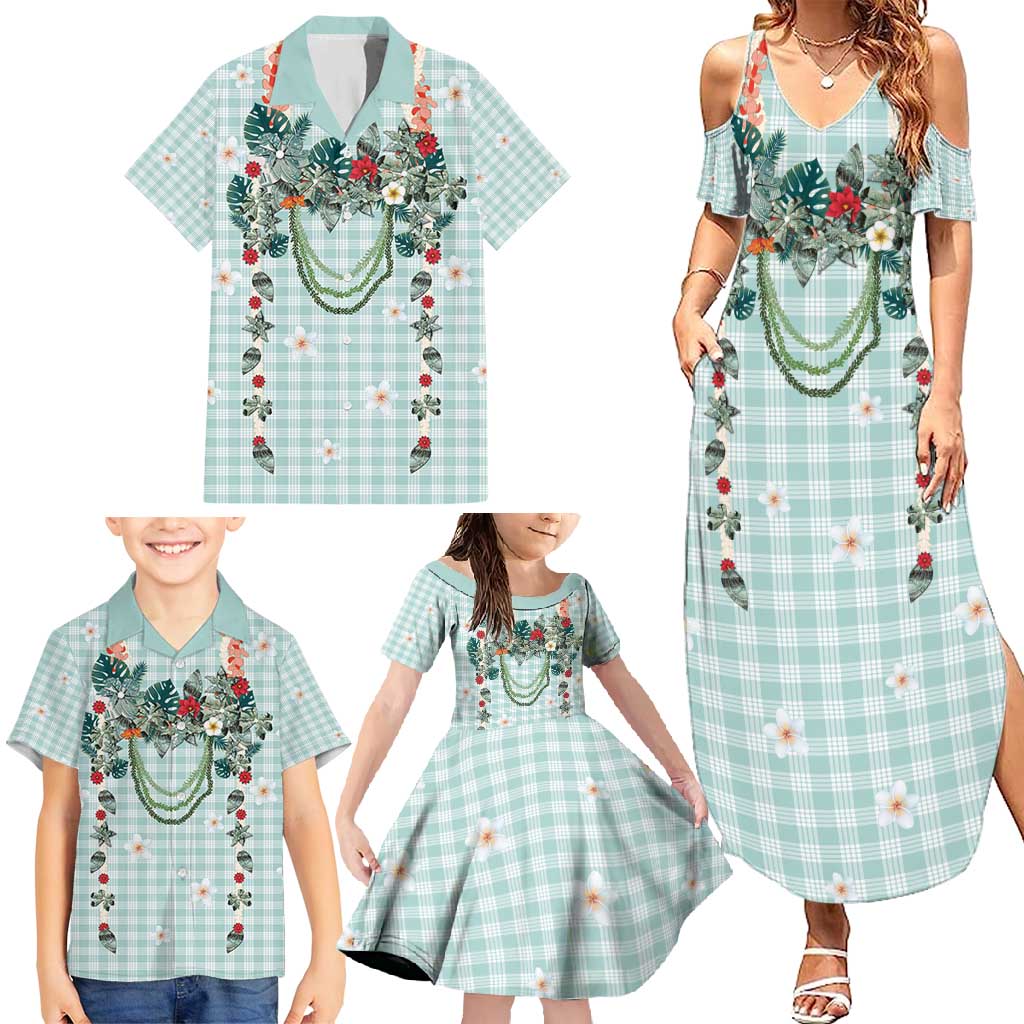 Turquoise Hawaiian Palaka Family Matching Summer Maxi Dress and Hawaiian Shirt Kukui Nut Money Lei - Polynesian Pride
