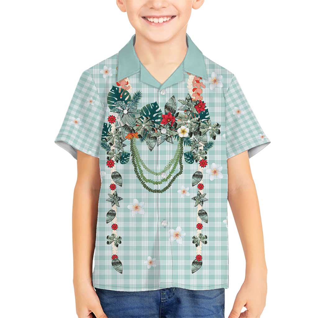 Turquoise Hawaiian Palaka Family Matching Summer Maxi Dress and Hawaiian Shirt Kukui Nut Money Lei - Polynesian Pride