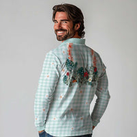 Turquoise Hawaiian Palaka Long Sleeve Polo Shirt Kukui Nut Money Lei - Polynesian Pride