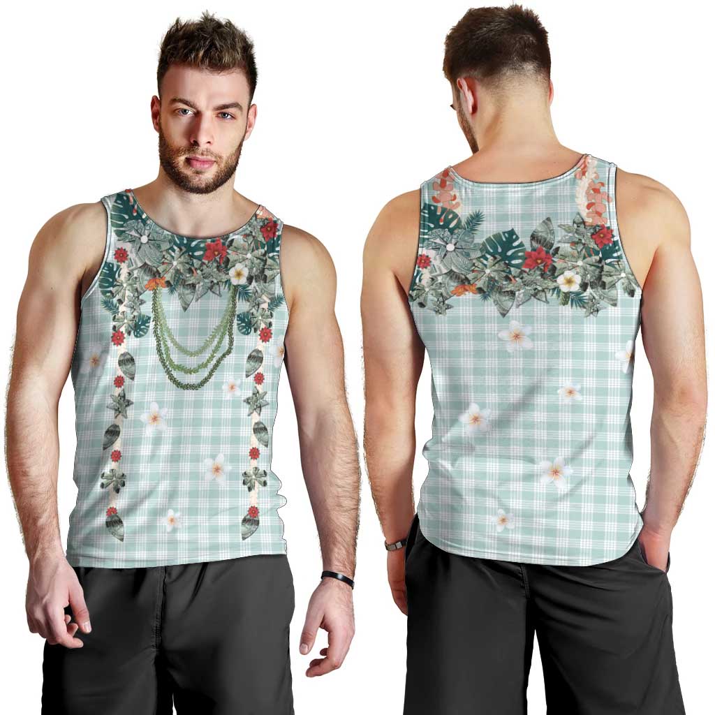 Turquoise Hawaiian Palaka Men Tank Top Kukui Nut Money Lei - Polynesian Pride