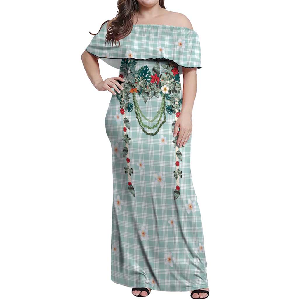 Turquoise Hawaiian Palaka Off Shoulder Maxi Dress Kukui Nut Money Lei - Polynesian Pride