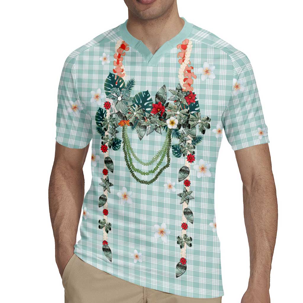 Turquoise Hawaiian Palaka Rugby Jersey Kukui Nut Money Lei - Polynesian Pride