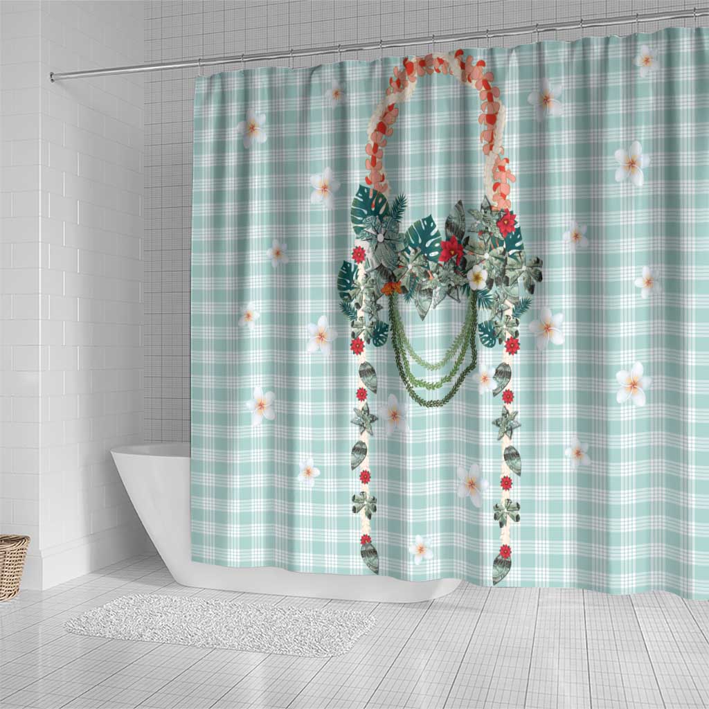 Turquoise Hawaiian Palaka Shower Curtain Kukui Nut Money Lei - Polynesian Pride
