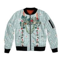 Turquoise Hawaiian Palaka Sleeve Zip Bomber Jacket Kukui Nut Money Lei - Polynesian Pride