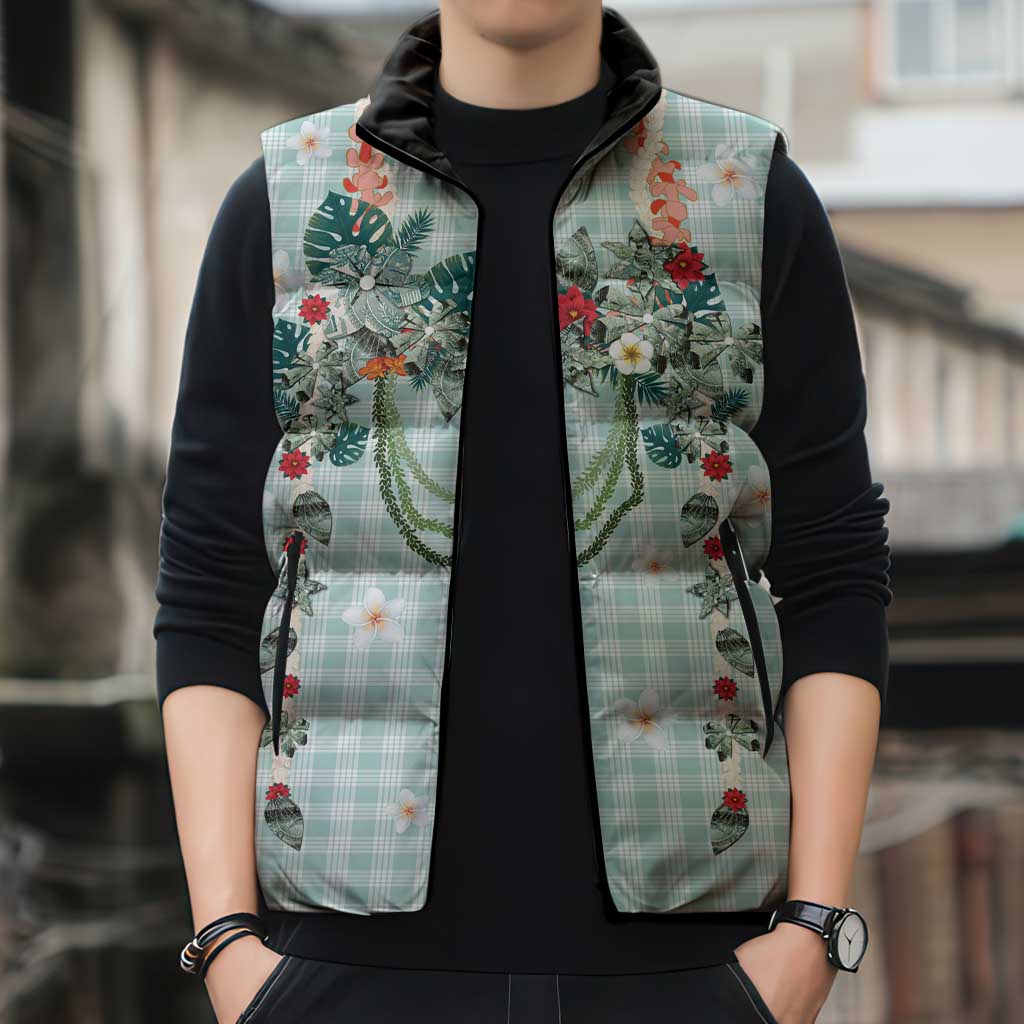 Turquoise Hawaiian Palaka Sleeveless Puffer Jacket Kukui Nut Money Lei LT9 - Polynesian Pride