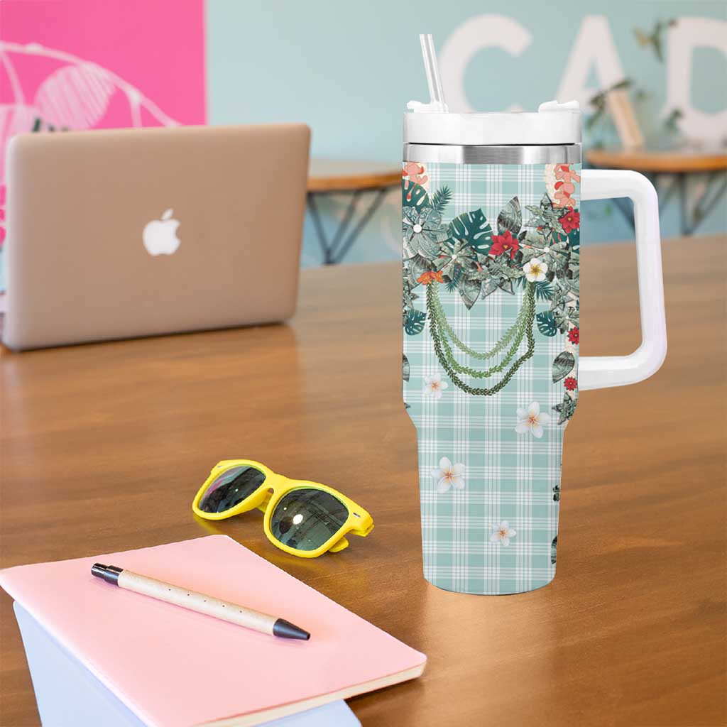 Turquoise Hawaiian Palaka Tumbler With Handle Kukui Nut Money Lei - Polynesian Pride