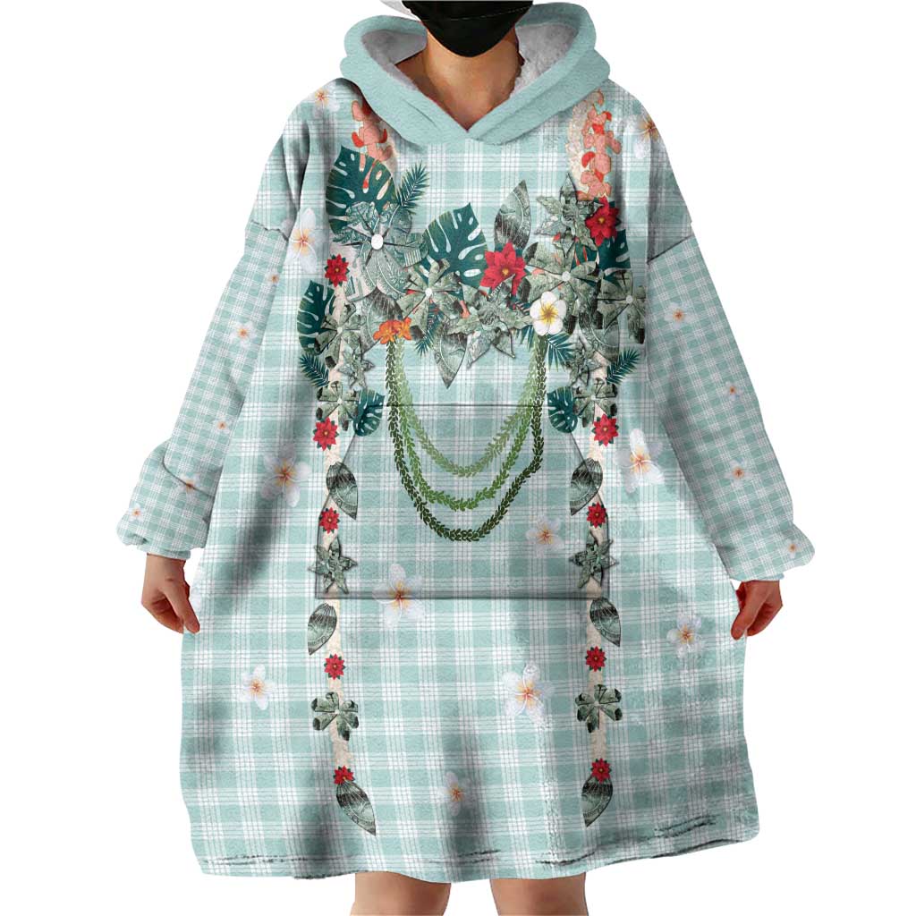 Turquoise Hawaiian Palaka Wearable Blanket Hoodie Kukui Nut Money Lei LT9 - Polynesian Pride
