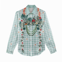 Turquoise Hawaiian Palaka Women Casual Shirt Kukui Nut Money Lei - Polynesian Pride