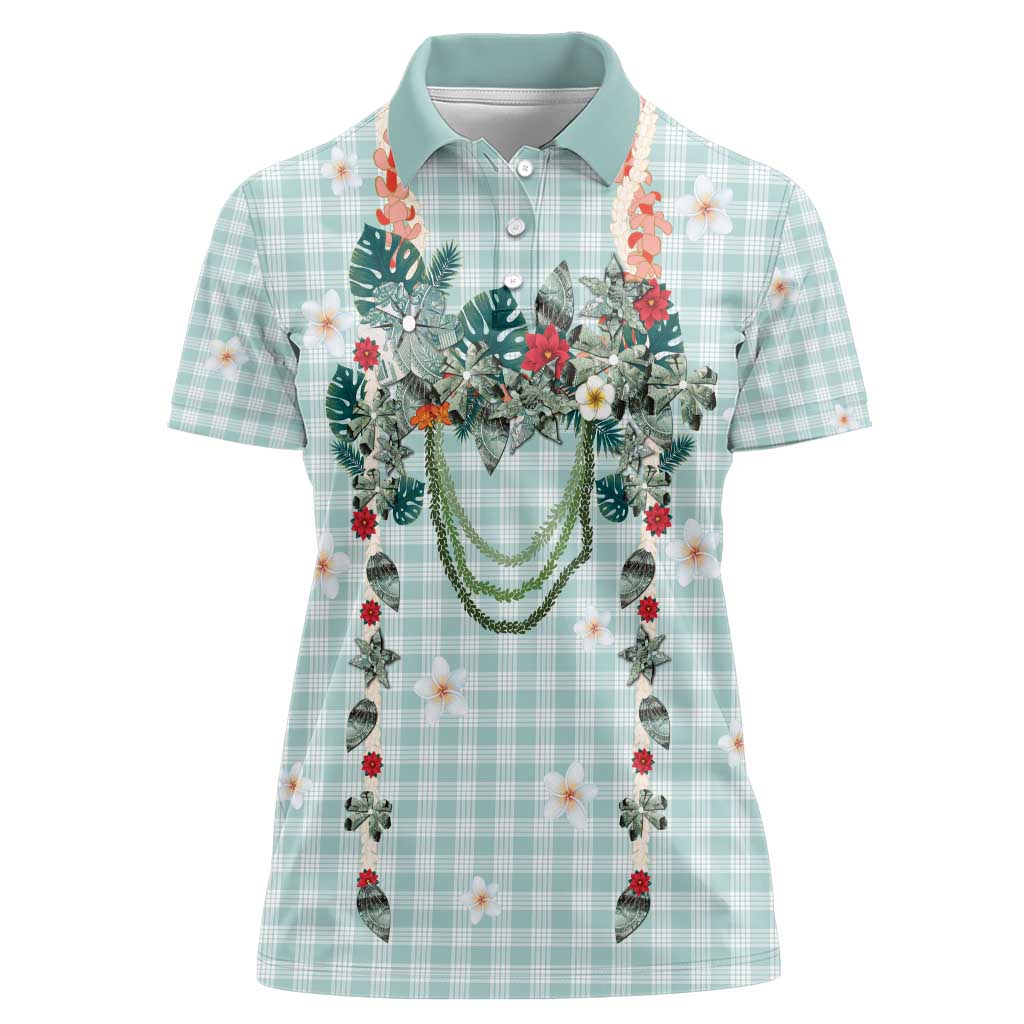 Turquoise Hawaiian Palaka Women Polo Shirt Kukui Nut Money Lei - Polynesian Pride