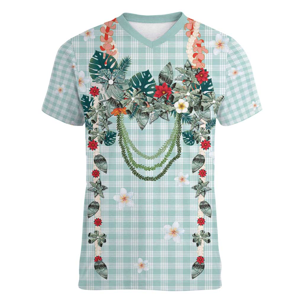 Turquoise Hawaiian Palaka Women V-Neck T-Shirt Kukui Nut Money Lei - Polynesian Pride