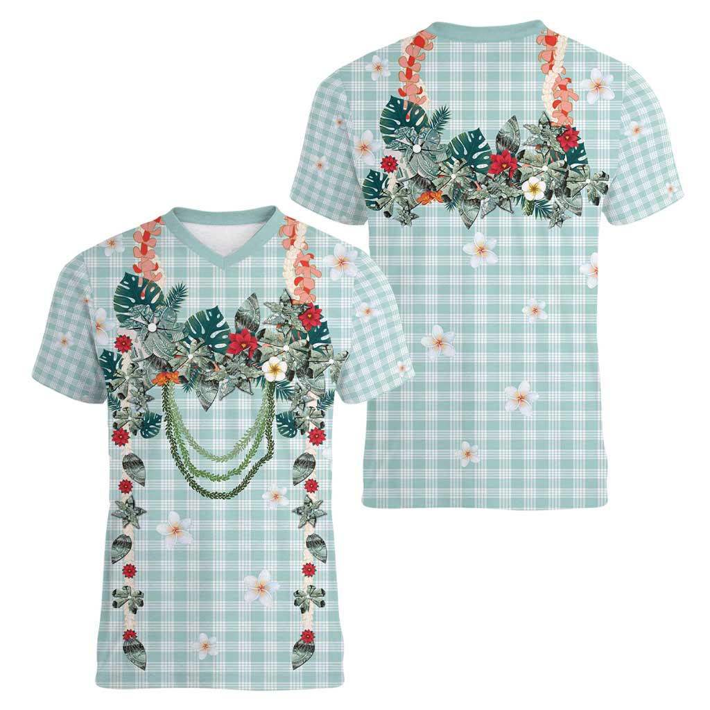 Turquoise Hawaiian Palaka Women V-Neck T-Shirt Kukui Nut Money Lei - Polynesian Pride