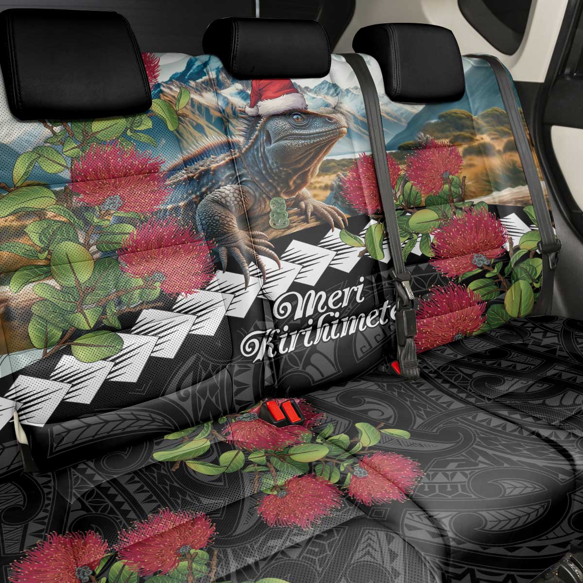 Meri Kirihimete Tuatara Back Car Seat Cover New Zealand Fern with Puhutukawa Flowers