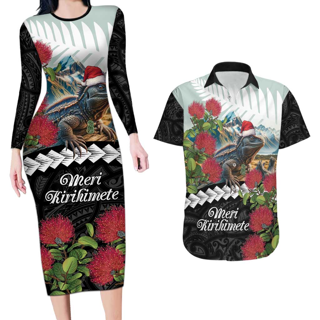 Meri Kirihimete Tuatara Couples Matching Long Sleeve Bodycon Dress and Hawaiian Shirt New Zealand Fern with Puhutukawa Flowers