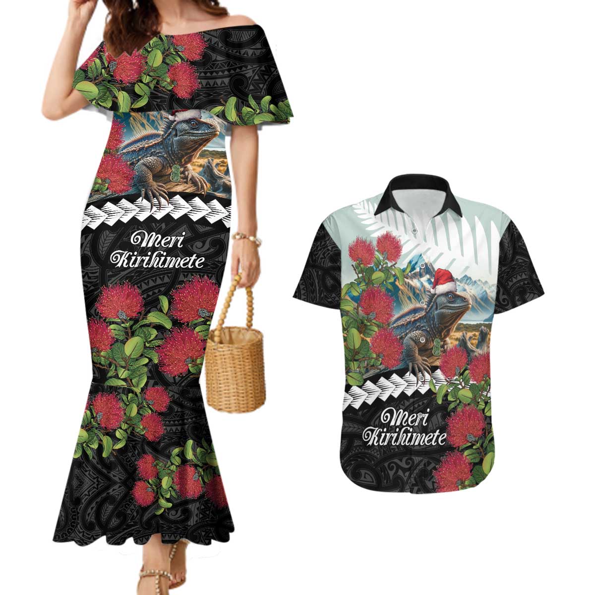 Meri Kirihimete Tuatara Couples Matching Mermaid Dress and Hawaiian Shirt New Zealand Fern with Puhutukawa Flowers