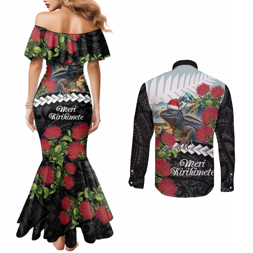 Meri Kirihimete Tuatara Couples Matching Mermaid Dress and Long Sleeve Button Shirt New Zealand Fern with Puhutukawa Flowers