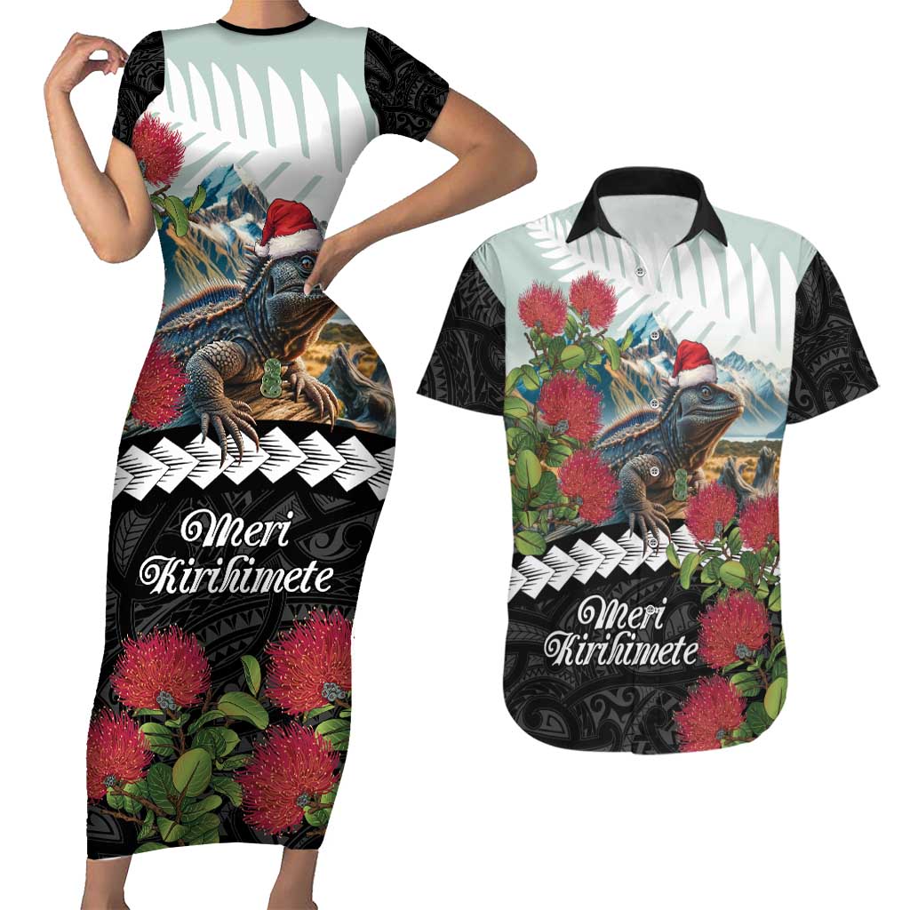 Meri Kirihimete Tuatara Couples Matching Short Sleeve Bodycon Dress and Hawaiian Shirt New Zealand Fern with Puhutukawa Flowers