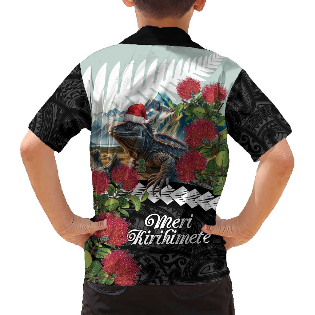 Meri Kirihimete Tuatara Family Matching Long Sleeve Bodycon Dress and Hawaiian Shirt New Zealand Fern with Puhutukawa Flowers
