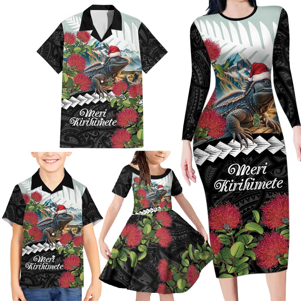 Meri Kirihimete Tuatara Family Matching Long Sleeve Bodycon Dress and Hawaiian Shirt New Zealand Fern with Puhutukawa Flowers