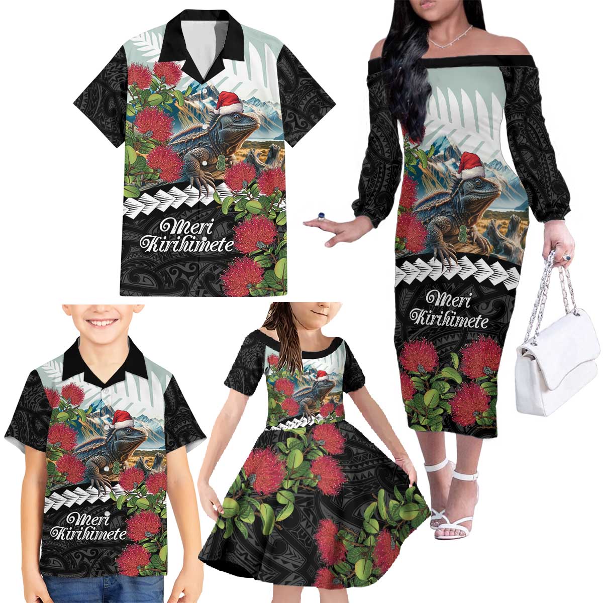Meri Kirihimete Tuatara Family Matching Off The Shoulder Long Sleeve Dress and Hawaiian Shirt New Zealand Fern with Puhutukawa Flowers