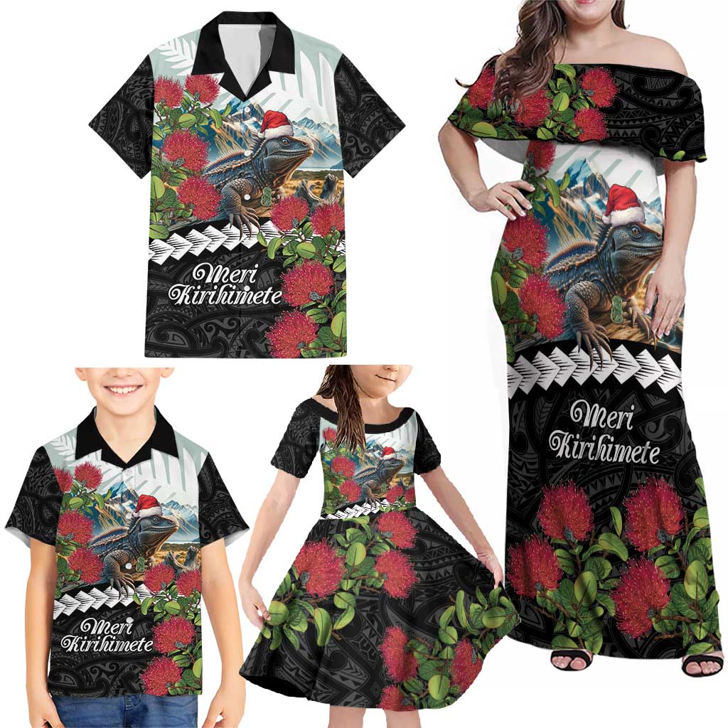 Meri Kirihimete Tuatara Family Matching Off Shoulder Maxi Dress and Hawaiian Shirt New Zealand Fern with Puhutukawa Flowers LT9 - Polynesian Pride