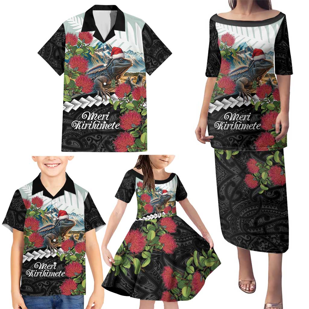 Meri Kirihimete Tuatara Family Matching Puletasi and Hawaiian Shirt New Zealand Fern with Puhutukawa Flowers