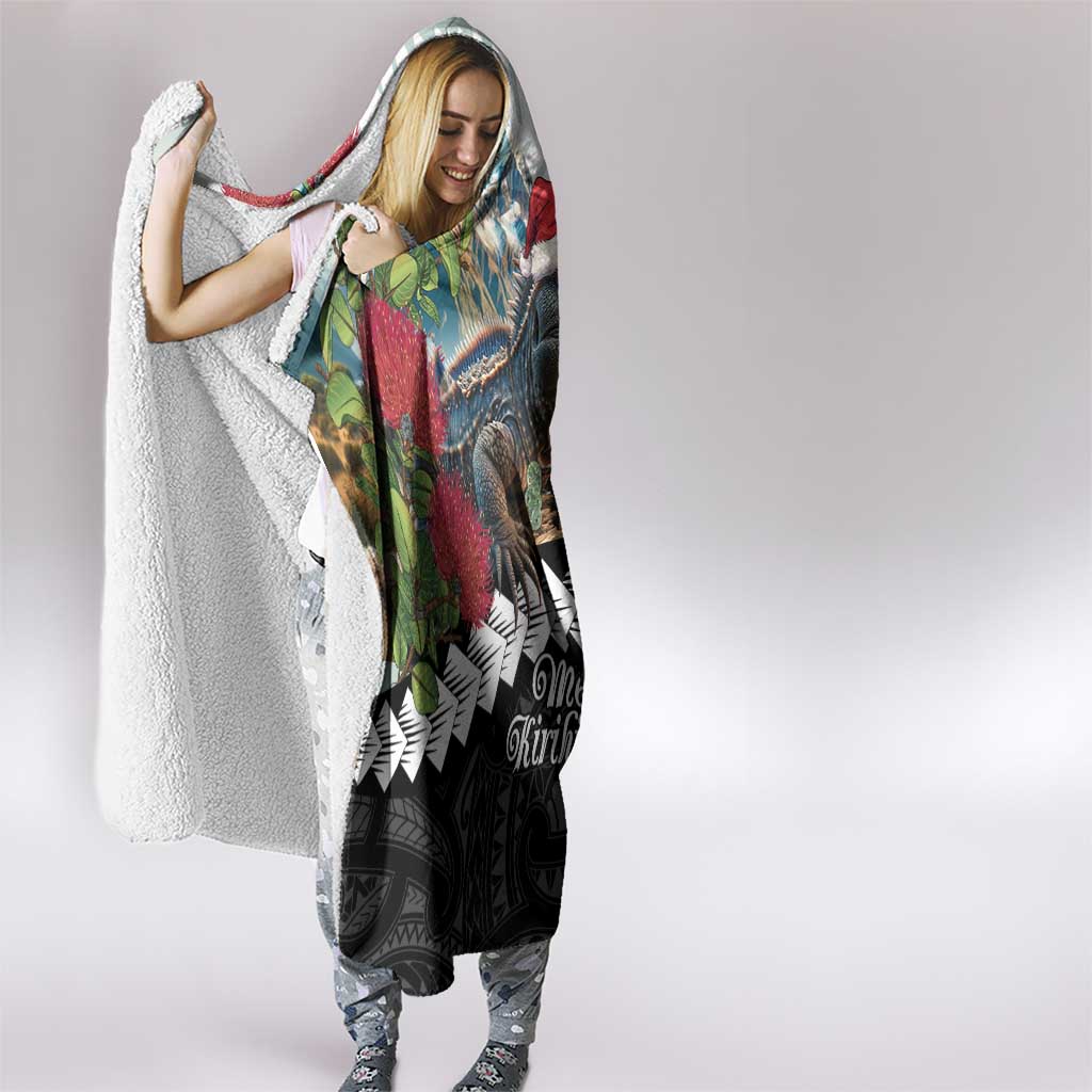 Meri Kirihimete Tuatara Hooded Blanket New Zealand Fern with Puhutukawa Flowers