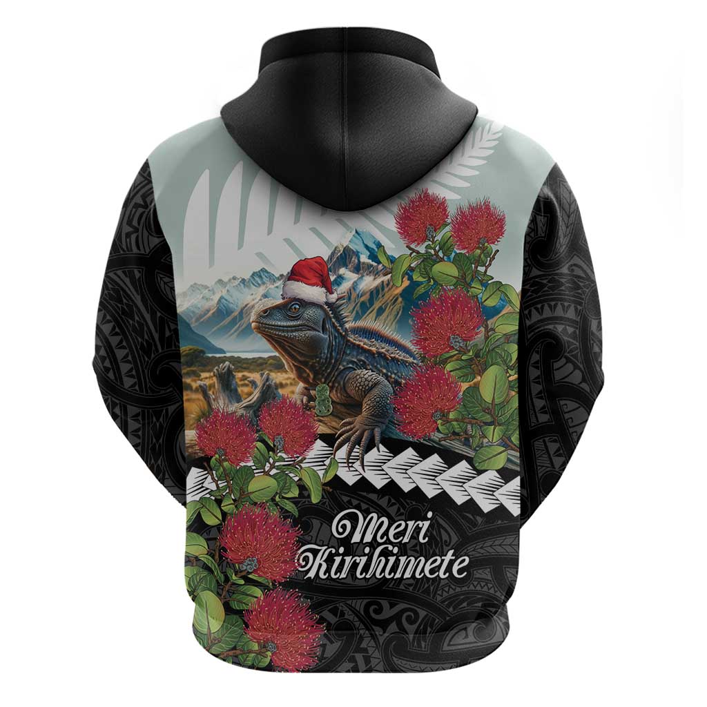 Meri Kirihimete Tuatara Hoodie New Zealand Fern with Puhutukawa Flowers