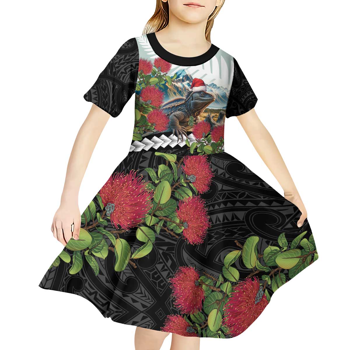 Meri Kirihimete Tuatara Kid Short Sleeve Dress New Zealand Fern with Puhutukawa Flowers