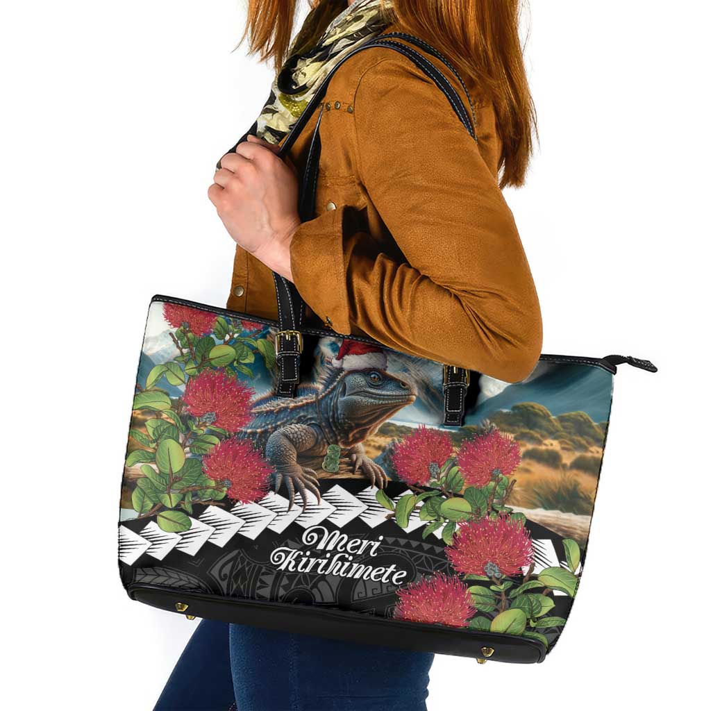 Meri Kirihimete Tuatara Leather Tote Bag New Zealand Fern with Puhutukawa Flowers LT9 Green - Polynesian Pride