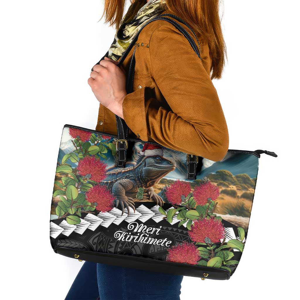 Meri Kirihimete Tuatara Leather Tote Bag New Zealand Fern with Puhutukawa Flowers