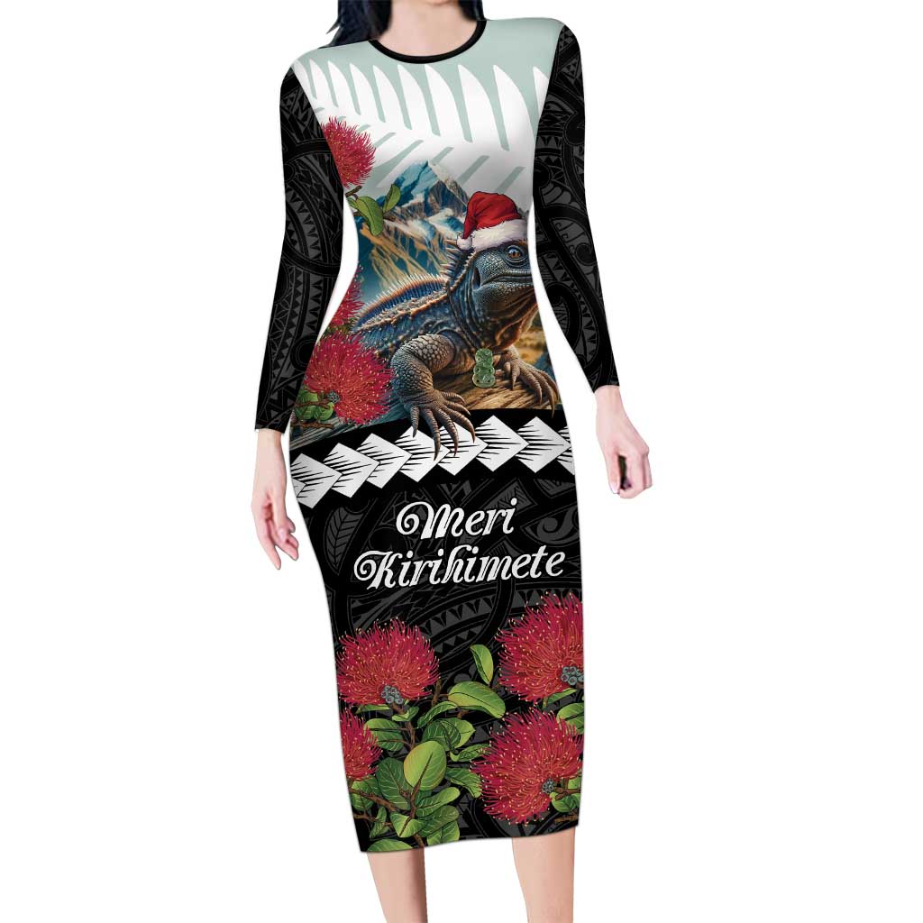 Meri Kirihimete Tuatara Long Sleeve Bodycon Dress New Zealand Fern with Puhutukawa Flowers