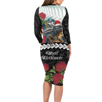 Meri Kirihimete Tuatara Long Sleeve Bodycon Dress New Zealand Fern with Puhutukawa Flowers