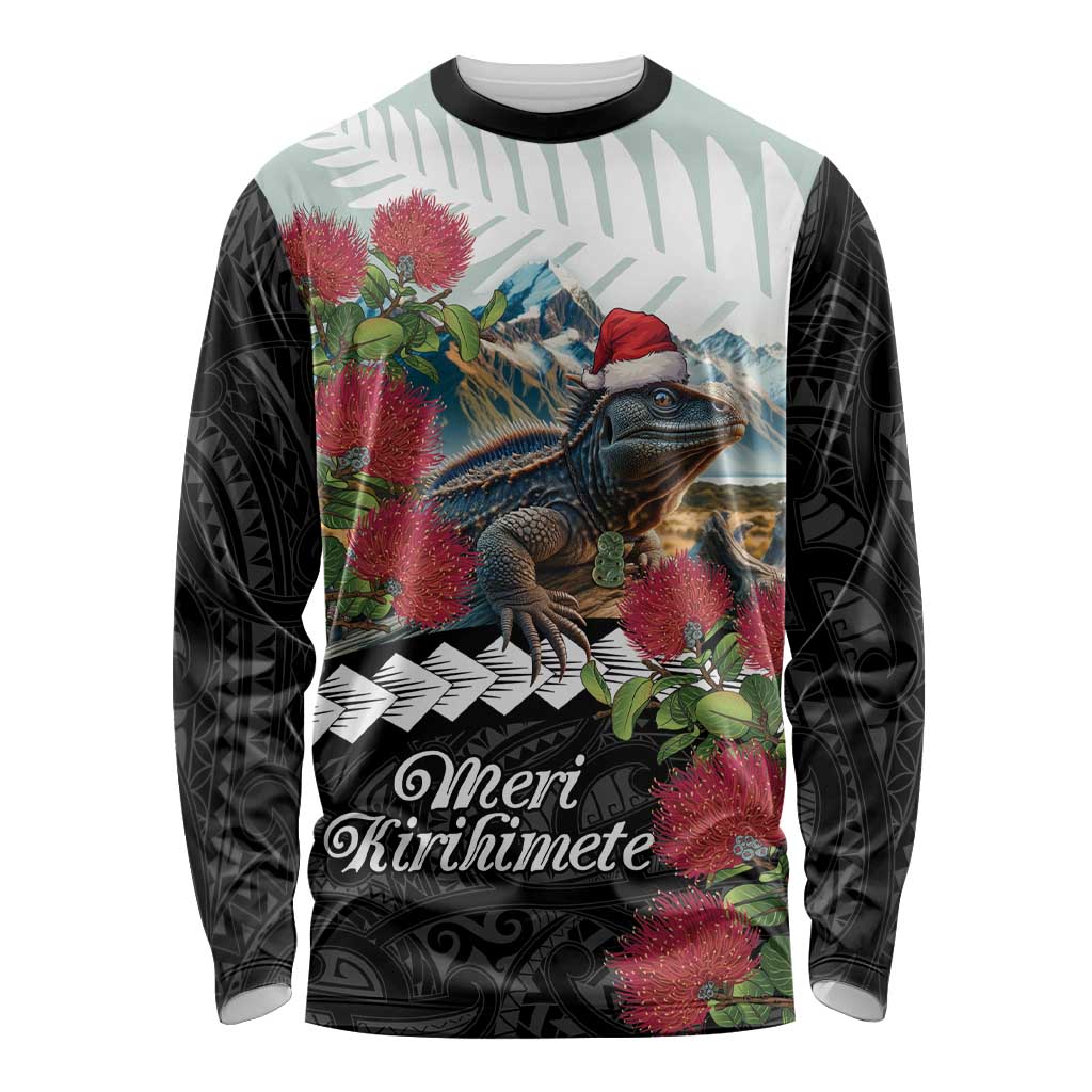 Meri Kirihimete Tuatara Long Sleeve Shirt New Zealand Fern with Puhutukawa Flowers