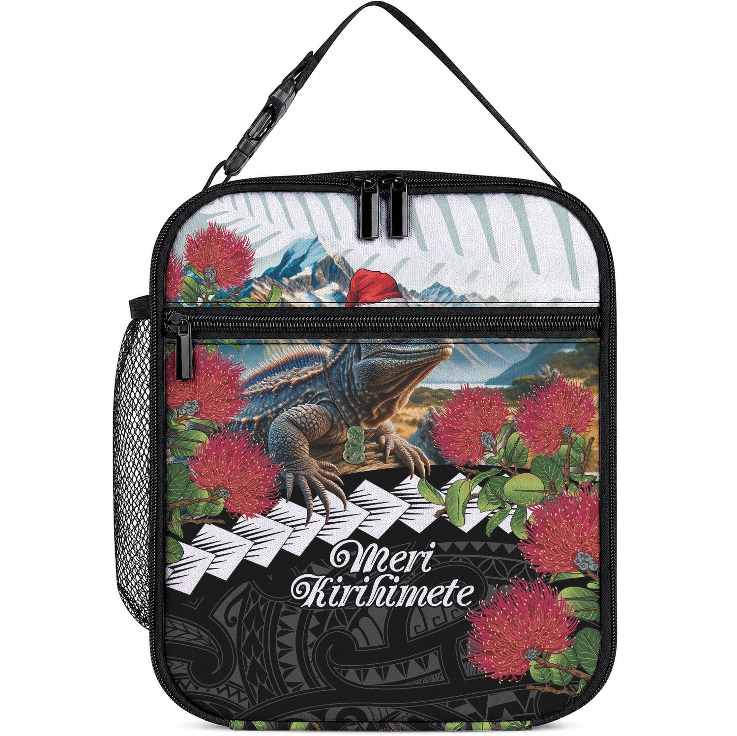 Meri Kirihimete Tuatara Lunch Bag New Zealand Fern with Puhutukawa Flowers LT9 10.2 × 8.3 × 4.3 inch Green - Polynesian Pride