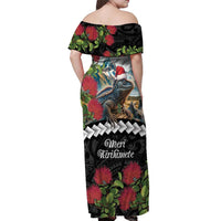 Meri Kirihimete Tuatara Off Shoulder Maxi Dress New Zealand Fern with Puhutukawa Flowers
