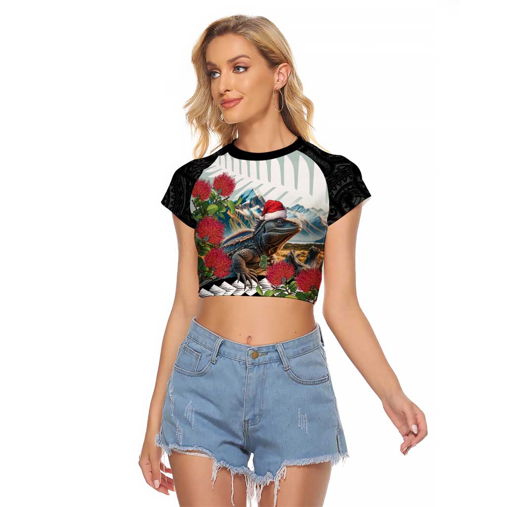 Meri Kirihimete Tuatara Raglan Cropped T Shirt New Zealand Fern with Puhutukawa Flowers LT9 Female Green - Polynesian Pride
