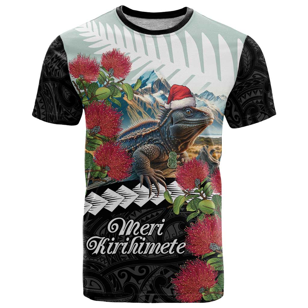 Meri Kirihimete Tuatara T Shirt New Zealand Fern with Puhutukawa Flowers LT9 Green - Polynesian Pride