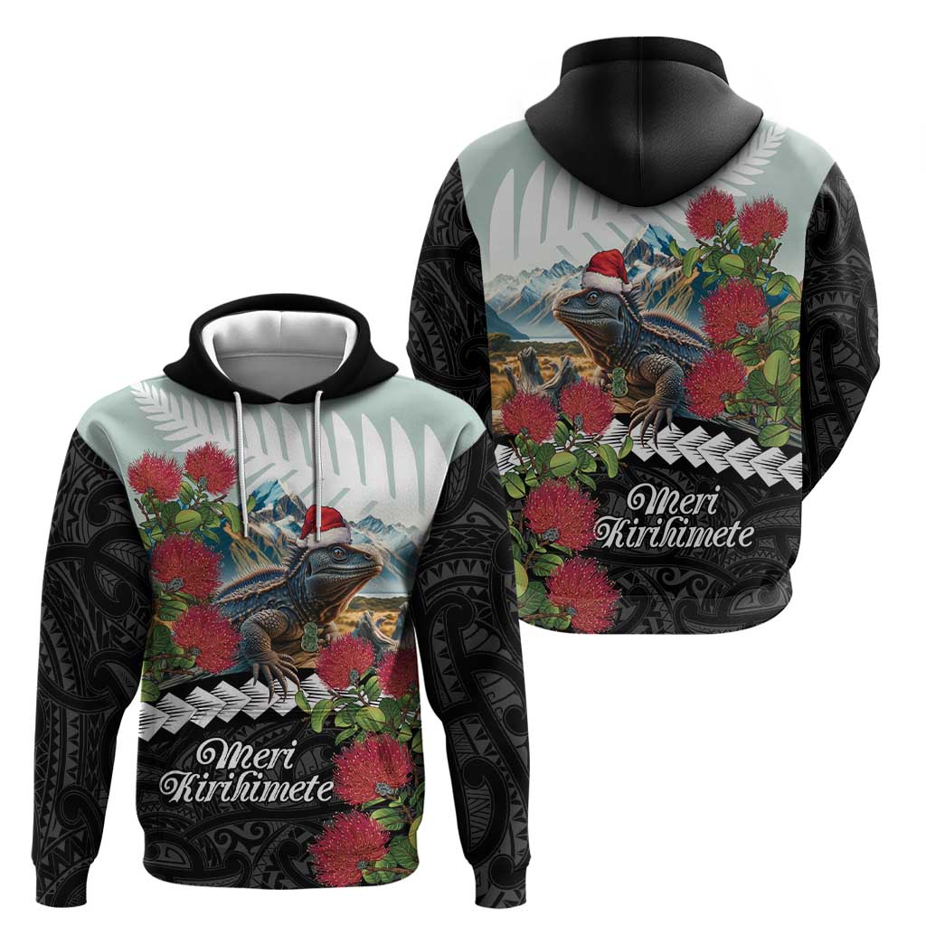 Meri Kirihimete Tuatara Zip Hoodie New Zealand Fern with Puhutukawa Flowers