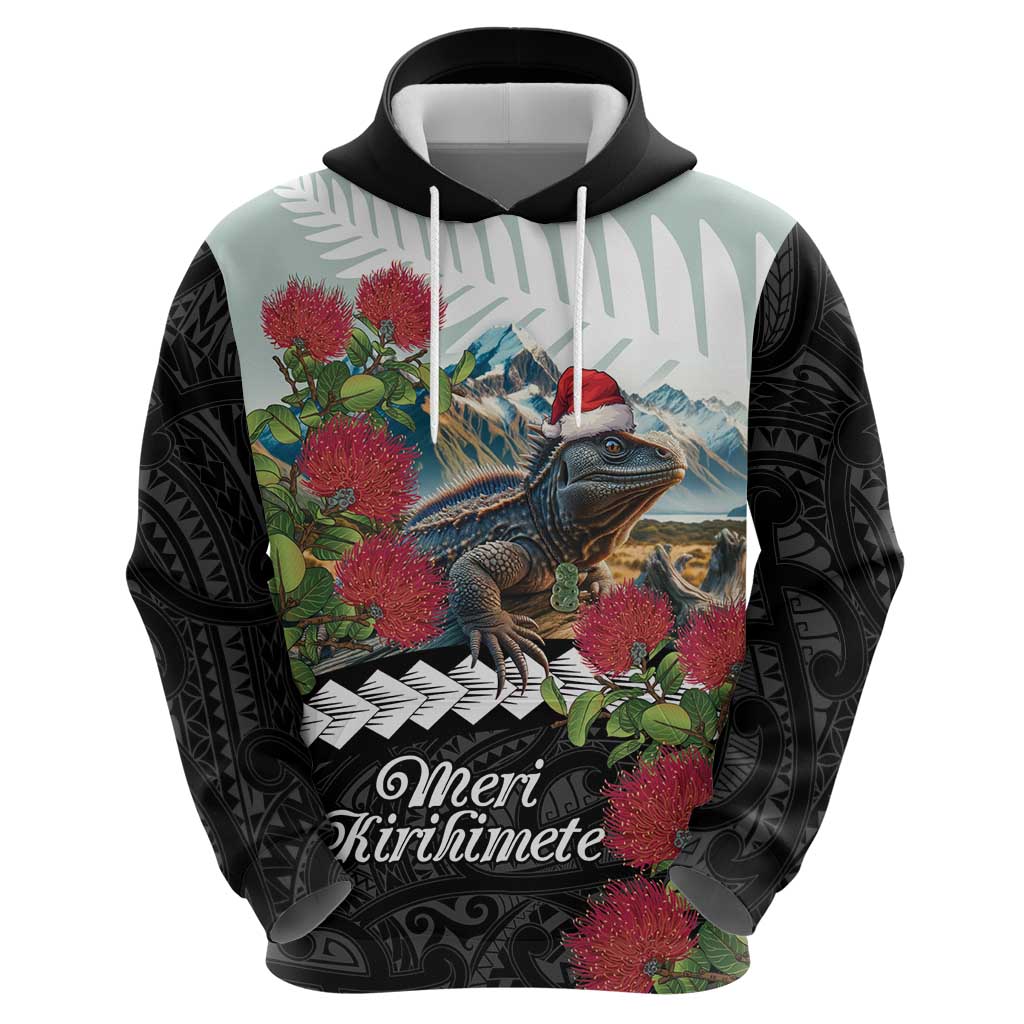 Meri Kirihimete Tuatara Zip Hoodie New Zealand Fern with Puhutukawa Flowers