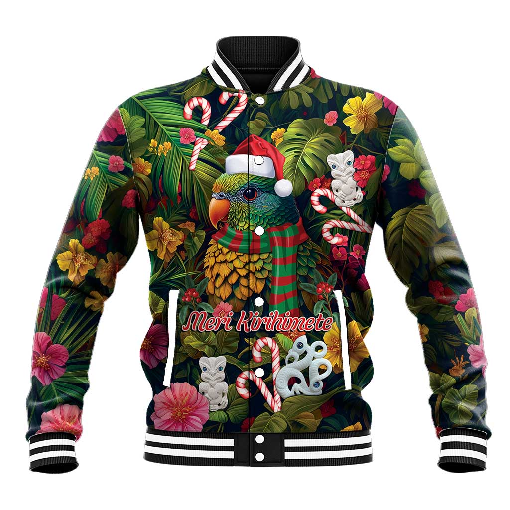 Meri Kirihimete Kakapo Santa Baseball Jacket Merry Christmas with Tropical Vibe LT9 Unisex Green - Polynesian Pride