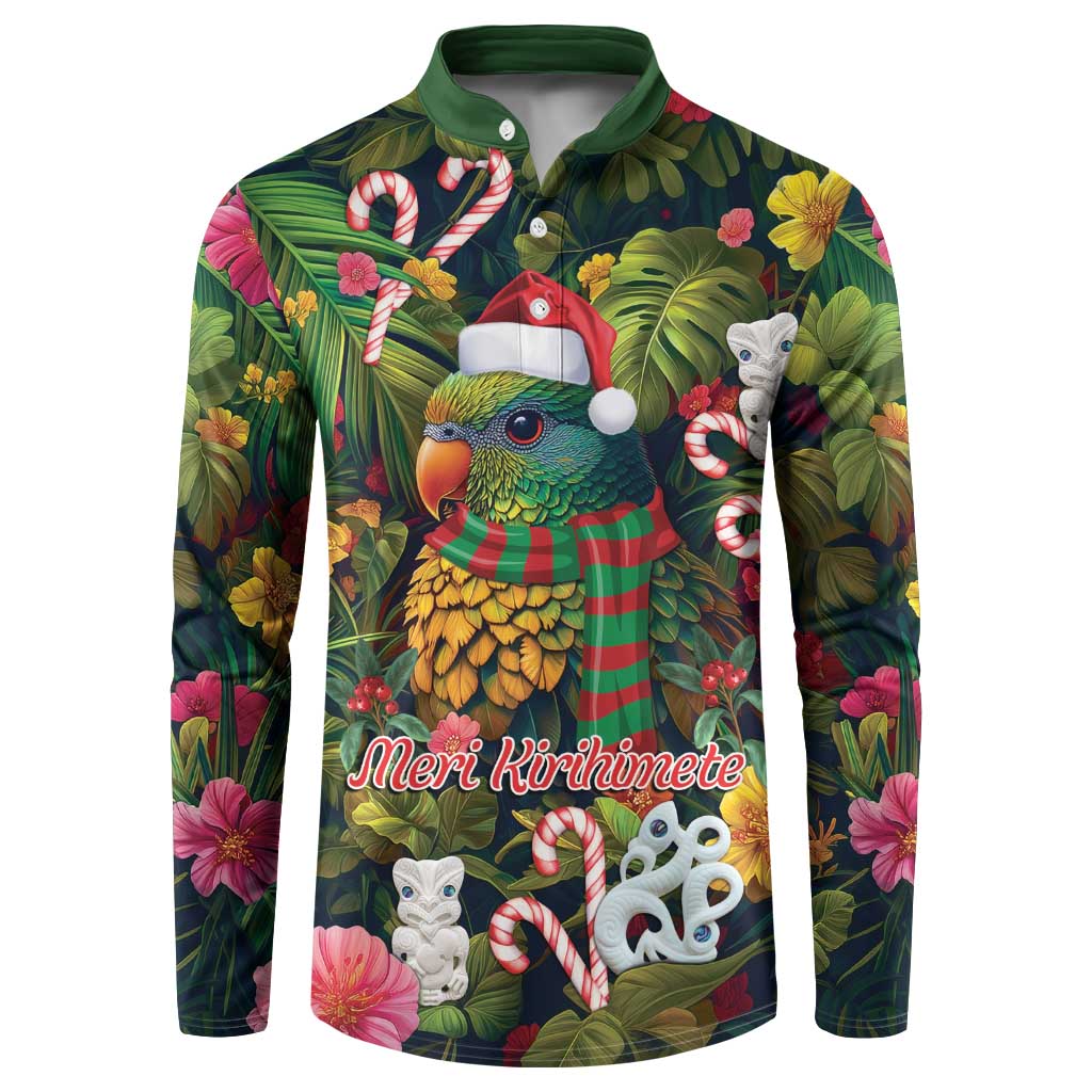 Meri Kirihimete Kakapo Santa Button Sweatshirt Merry Christmas with Tropical Vibe LT9 Green - Polynesian Pride
