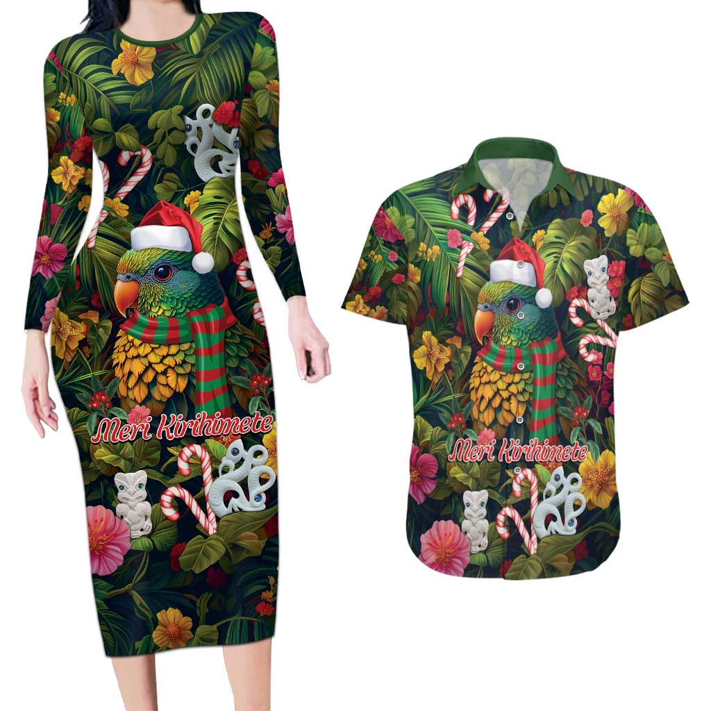 Meri Kirihimete Kakapo Santa Couples Matching Long Sleeve Bodycon Dress and Hawaiian Shirt Merry Christmas with Tropical Vibe