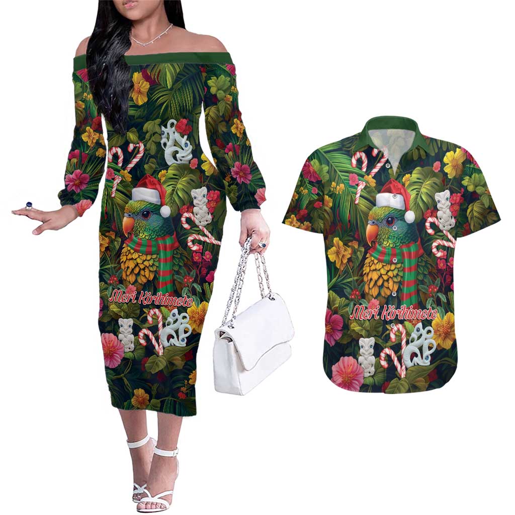 Meri Kirihimete Kakapo Santa Couples Matching Off The Shoulder Long Sleeve Dress and Hawaiian Shirt Merry Christmas with Tropical Vibe LT9 Green - Polynesian Pride