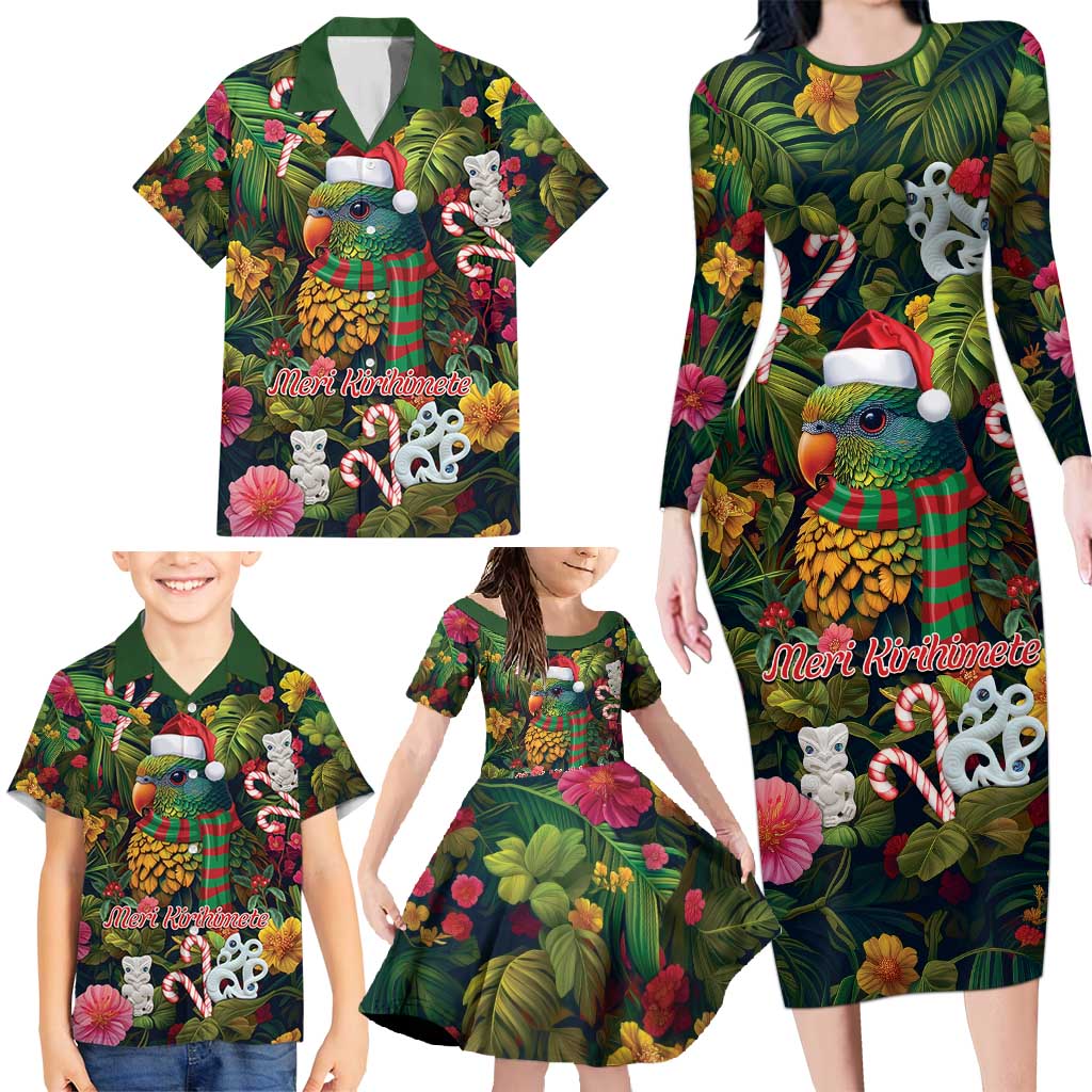 Meri Kirihimete Kakapo Santa Family Matching Long Sleeve Bodycon Dress and Hawaiian Shirt Merry Christmas with Tropical Vibe