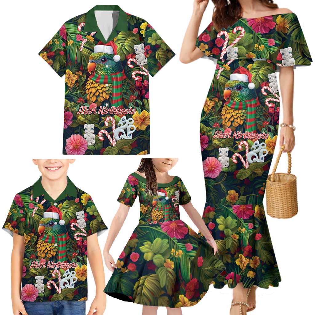 Meri Kirihimete Kakapo Santa Family Matching Mermaid Dress and Hawaiian Shirt Merry Christmas with Tropical Vibe